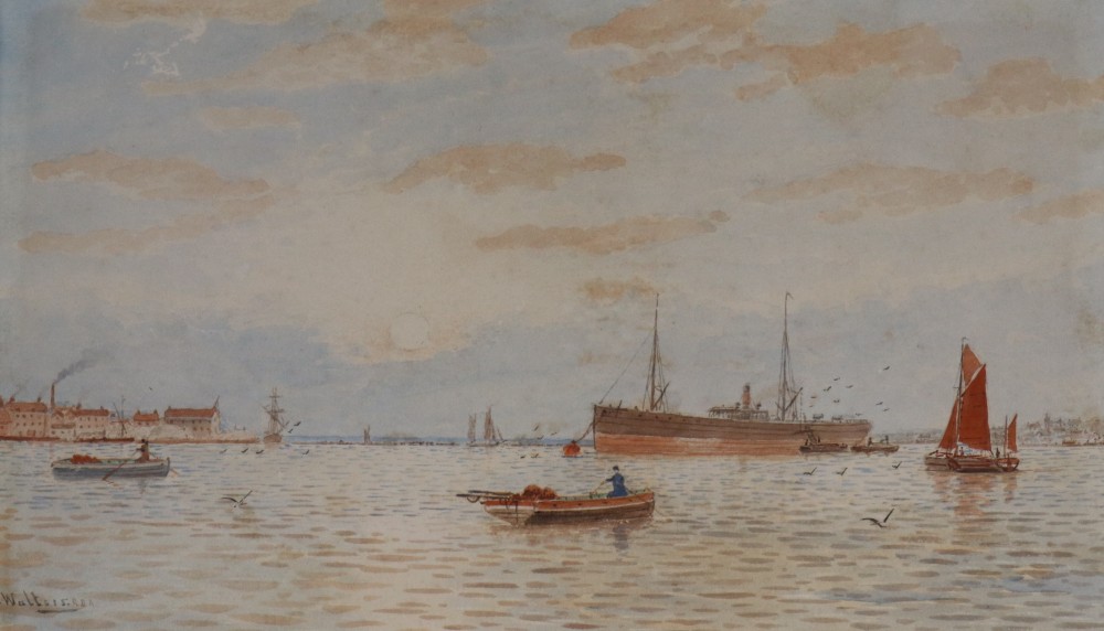 George Stanfield Walters (1838-1924) watercolour, Timber steamer on the Itchen, Southam Water, signed, 25 x 42cm, unframed